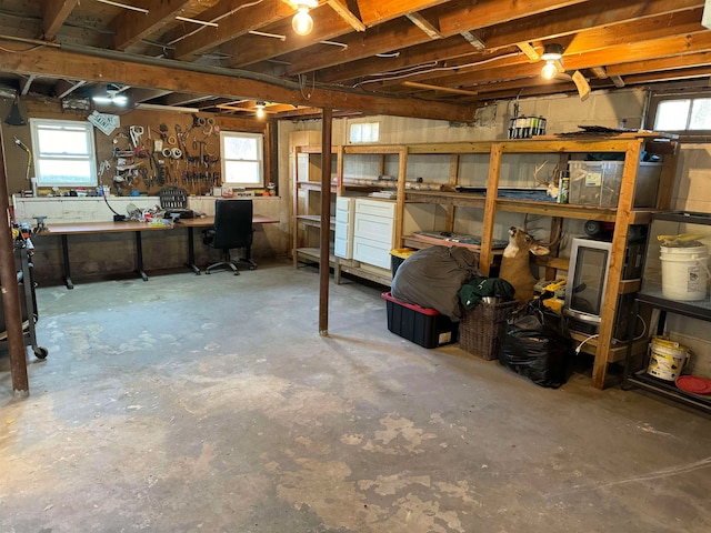 basement featuring a workshop area and plenty of natural light