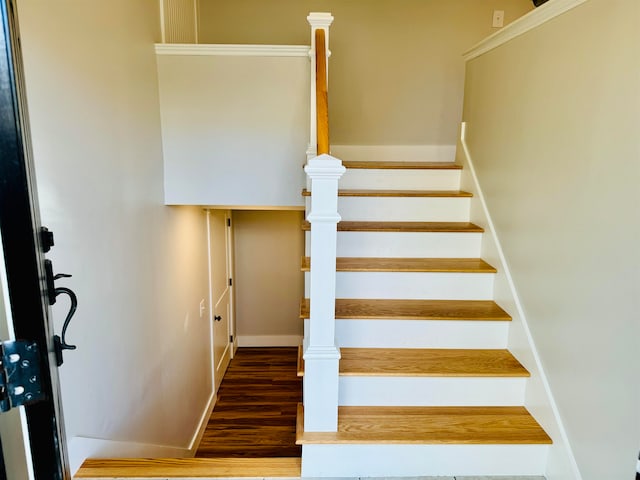 stairway featuring hardwood / wood-style flooring