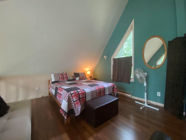 bedroom with dark hardwood / wood-style flooring and a baseboard radiator