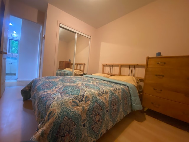 bedroom with vaulted ceiling and a closet