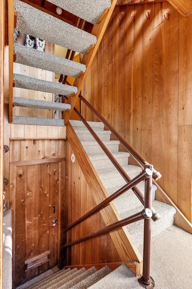 stairs with carpet flooring and wooden walls