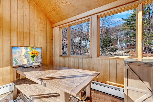 sunroom / solarium with wooden ceiling, vaulted ceiling, plenty of natural light, and a baseboard heating unit