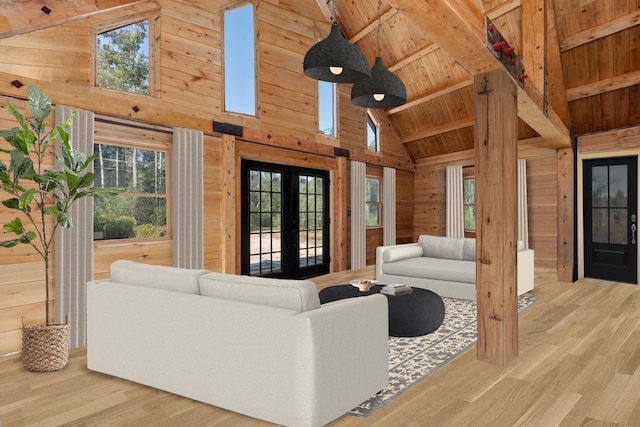 living room featuring french doors, high vaulted ceiling, light hardwood / wood-style flooring, and wooden ceiling