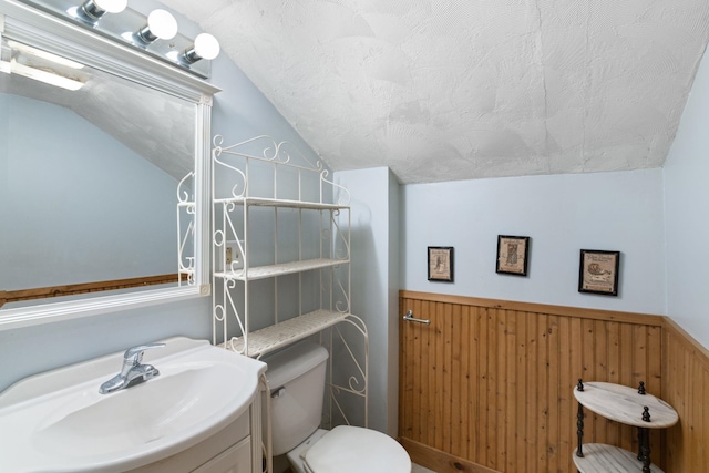 bathroom with toilet, vanity, vaulted ceiling, wooden walls, and a textured ceiling