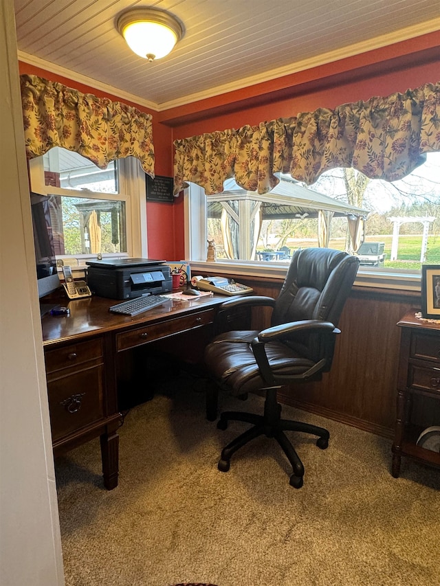 carpeted office featuring plenty of natural light, wood walls, wood ceiling, and crown molding