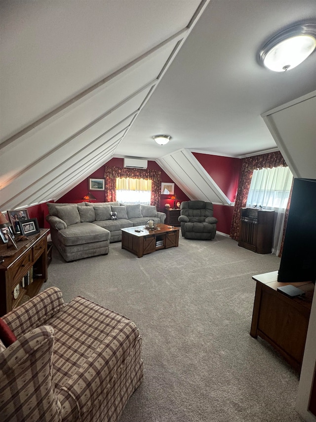 carpeted living room featuring an AC wall unit and lofted ceiling