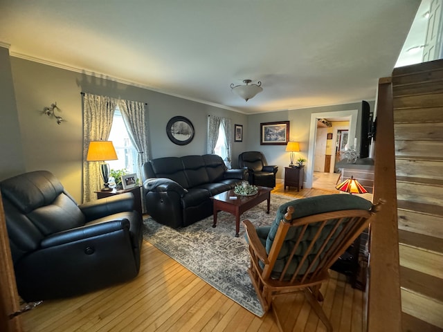 living room with wood-type flooring and ornamental molding