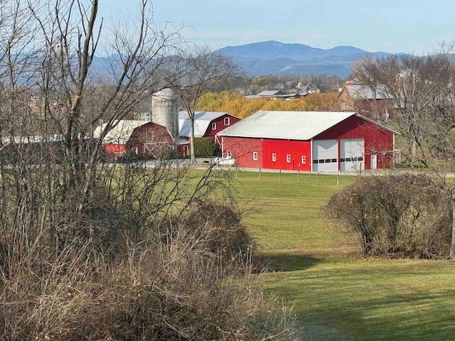 view of yard featuring a mountain view and an outbuilding