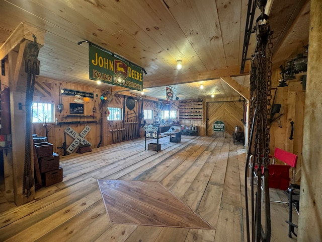 interior space featuring wood-type flooring, wooden ceiling, and wooden walls