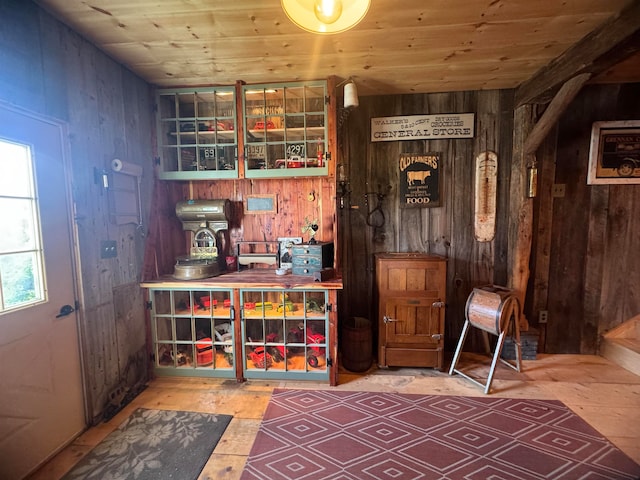 interior space featuring wood walls and wooden ceiling