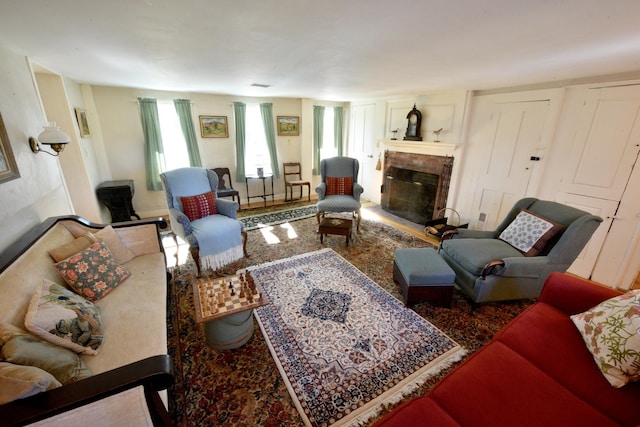 living room with a fireplace