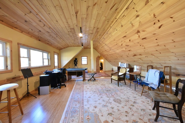 home office with light wood-type flooring, wood ceiling, vaulted ceiling, and billiards