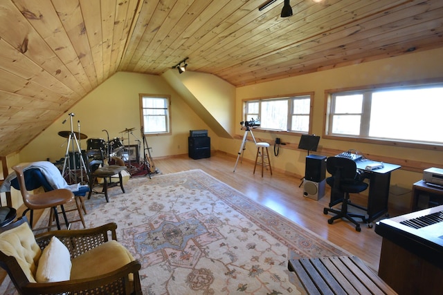 office area with light hardwood / wood-style floors, wooden ceiling, a healthy amount of sunlight, and vaulted ceiling