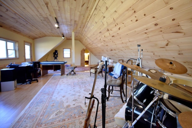 office area featuring hardwood / wood-style floors, pool table, lofted ceiling, and wood ceiling