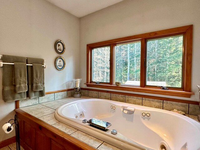 bathroom with tiled bath and a healthy amount of sunlight