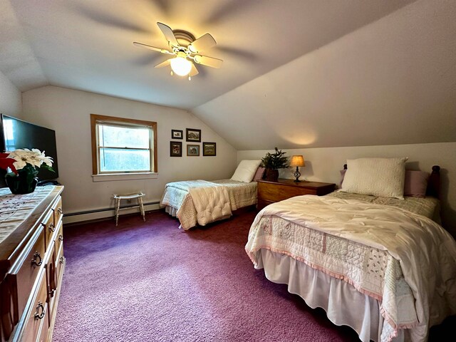 bedroom featuring baseboard heating, ceiling fan, vaulted ceiling, and dark colored carpet