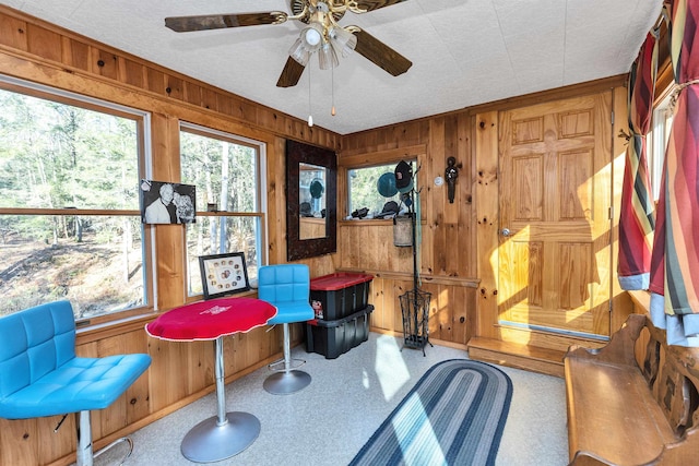 interior space featuring wood walls and ceiling fan