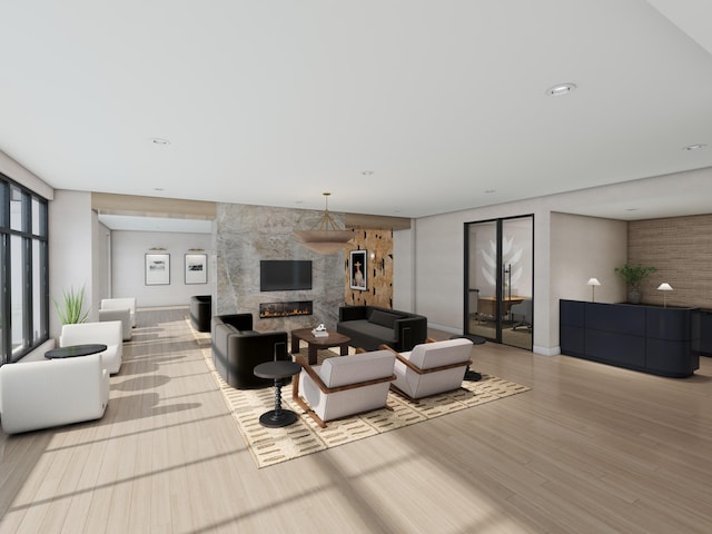 living room featuring light hardwood / wood-style floors and a fireplace