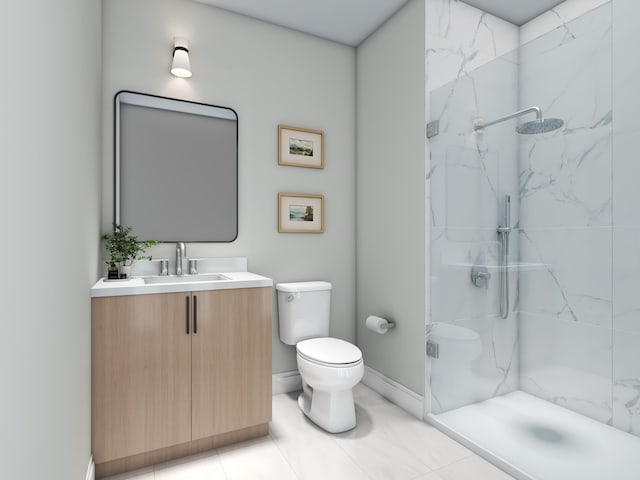 bathroom with tile patterned flooring, vanity, toilet, and a tile shower