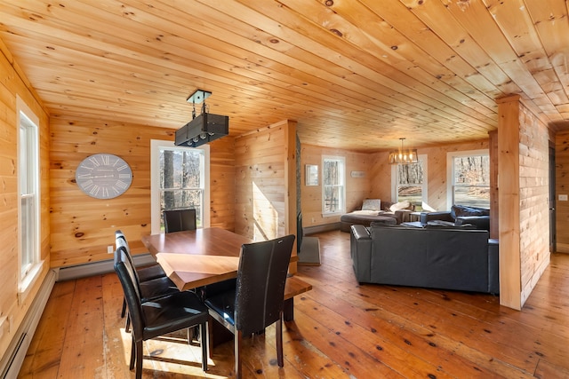 dining room with hardwood / wood-style flooring, plenty of natural light, wooden walls, and an inviting chandelier