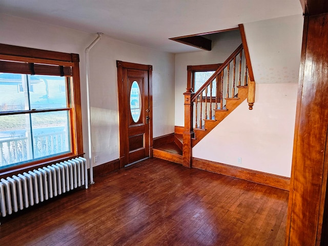 foyer featuring radiator heating unit, dark wood-type flooring, and a healthy amount of sunlight