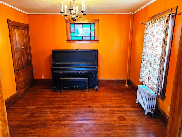 miscellaneous room featuring ornamental molding, dark hardwood / wood-style floors, radiator, and a notable chandelier