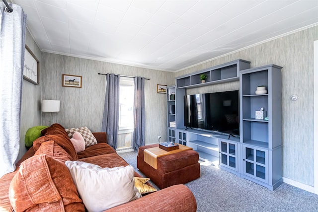 carpeted living room featuring crown molding