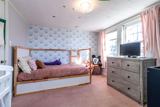 carpeted bedroom featuring ornamental molding