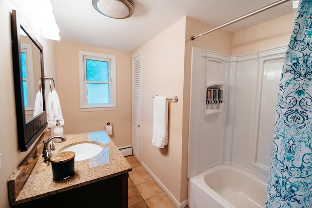 bathroom featuring tile patterned flooring, vanity, shower / bath combination with curtain, and a baseboard heating unit