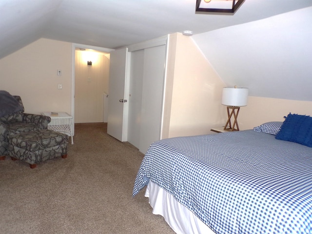 bedroom featuring lofted ceiling, light carpet, and a closet