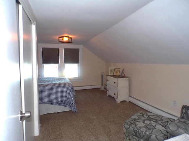 unfurnished bedroom with vaulted ceiling, carpet floors, and a baseboard heating unit