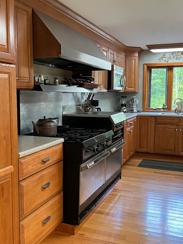 kitchen featuring wall chimney range hood, sink, light hardwood / wood-style flooring, appliances with stainless steel finishes, and tasteful backsplash