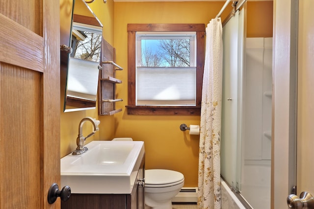 full bathroom with plenty of natural light, toilet, vanity, and a baseboard heating unit