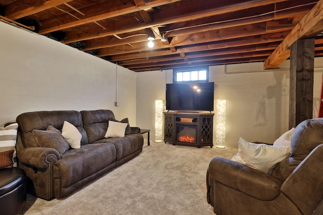 living room featuring light colored carpet