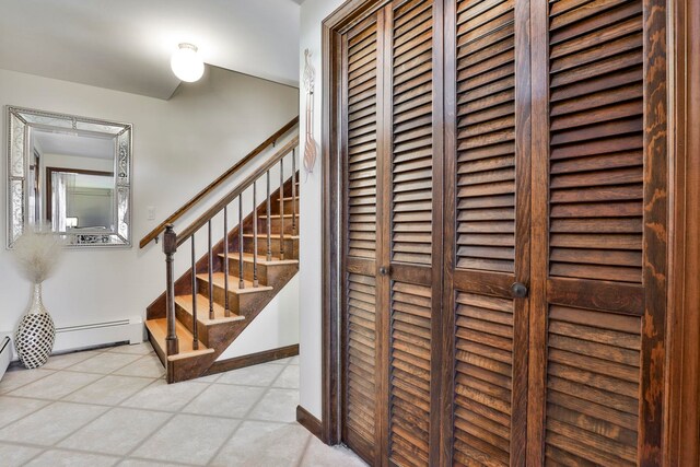 stairway with a baseboard radiator