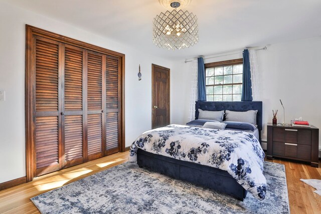 bedroom with light wood-type flooring and a closet