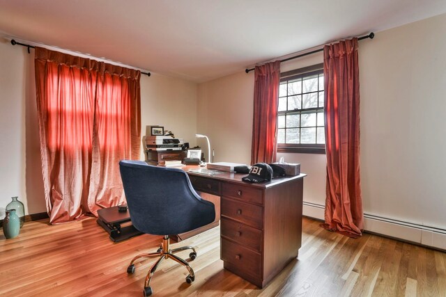 office area featuring light hardwood / wood-style flooring and baseboard heating