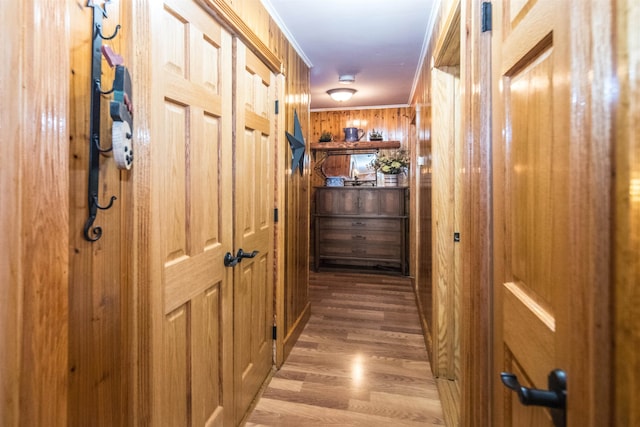 hallway with wooden walls, hardwood / wood-style floors, and ornamental molding