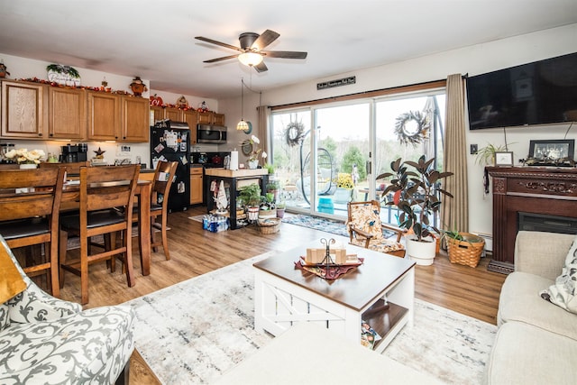 living room featuring ceiling fan and light hardwood / wood-style flooring