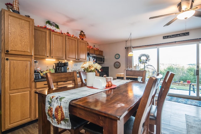 dining room featuring ceiling fan and dark wood-type flooring