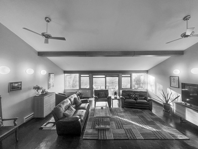 living room featuring vaulted ceiling with beams, ceiling fan, and a baseboard radiator