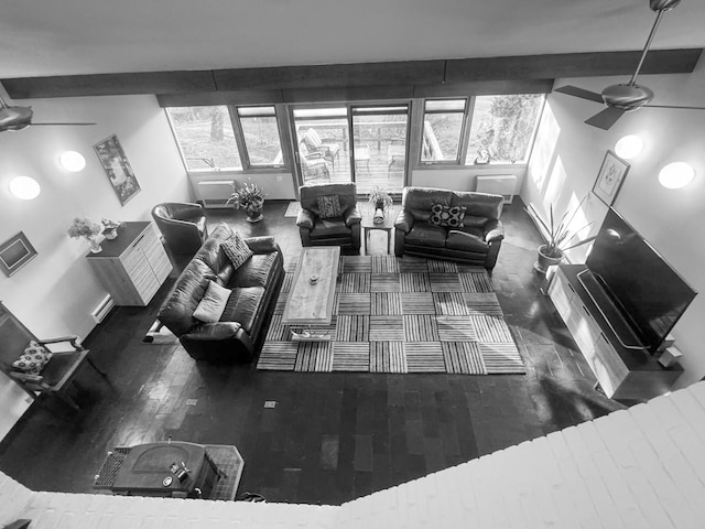 living room featuring a wealth of natural light, dark hardwood / wood-style flooring, and a high ceiling