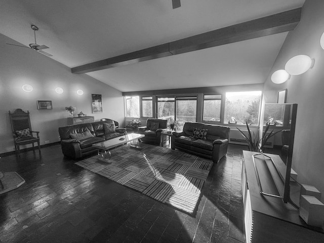 living room with vaulted ceiling with beams, ceiling fan, and dark wood-type flooring