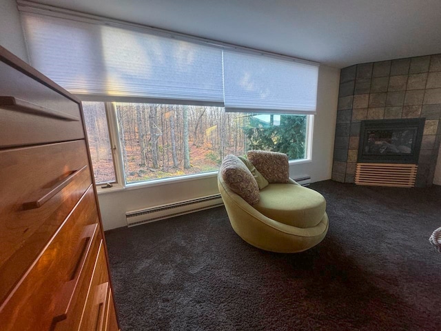 sitting room with a fireplace, dark carpet, and a baseboard heating unit