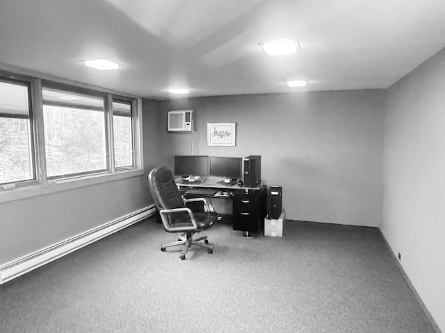 office space with carpet, baseboard heating, and a wall mounted AC