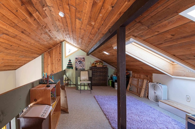 bonus room with lofted ceiling with beams, light colored carpet, and wood ceiling