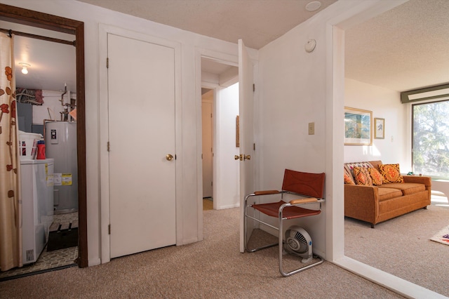 interior space featuring carpet flooring, a textured ceiling, and water heater