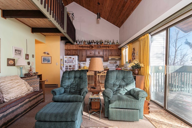 living room featuring lofted ceiling, light colored carpet, wood ceiling, and a baseboard radiator