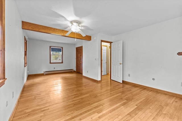 unfurnished room with ceiling fan, beam ceiling, light wood-type flooring, and baseboard heating