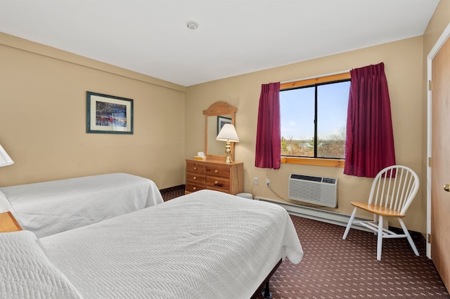 bedroom featuring carpet flooring and a wall mounted air conditioner